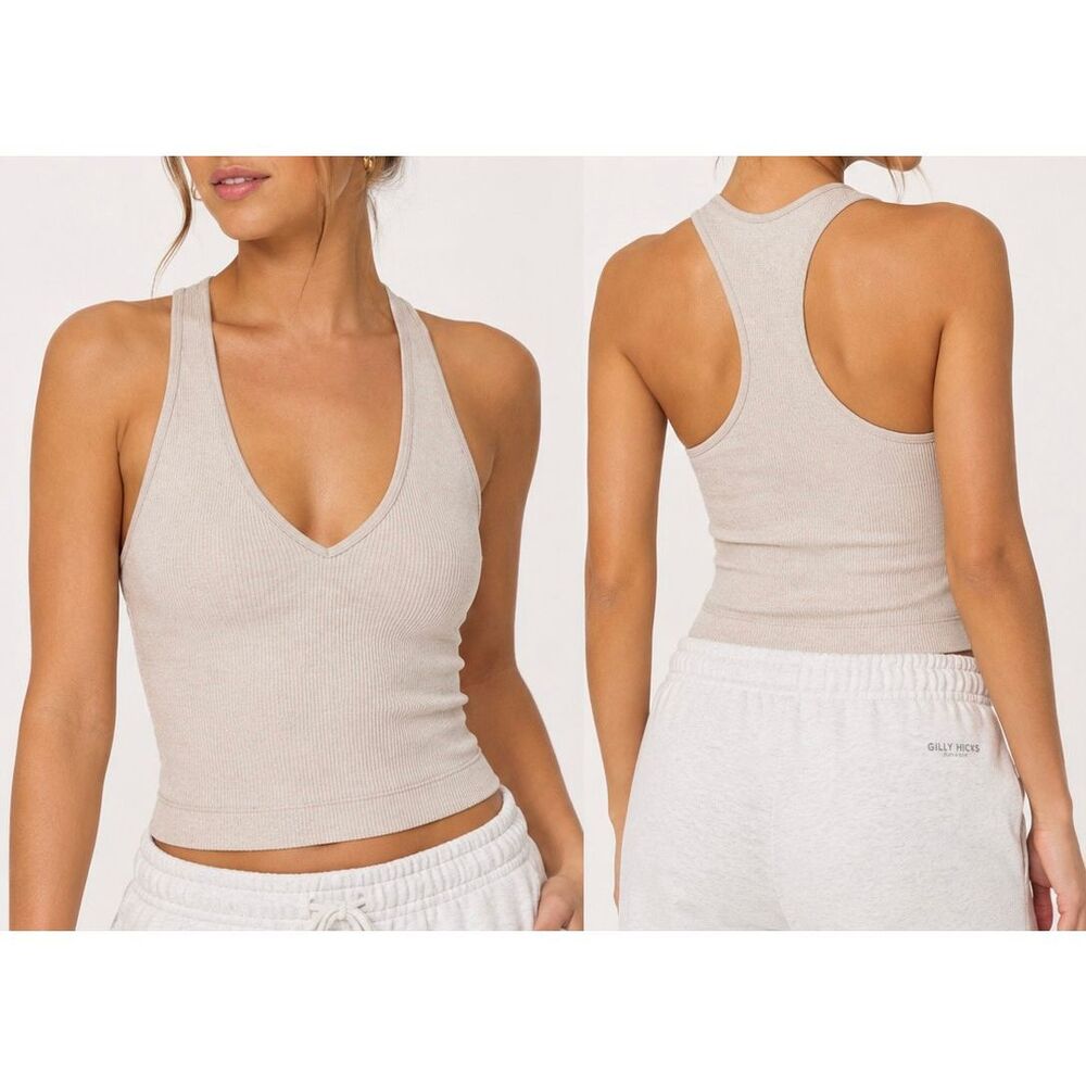 Gilly Hicks Ribbed V Neck Racerback Tank Top XS Beige Cream Athleisure